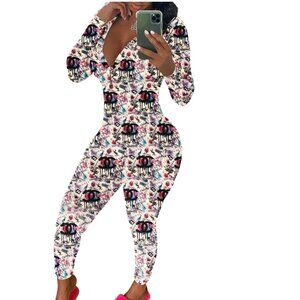 D943 Multi Designed Printed Long Sleeve Long Adult One Piece Pajama